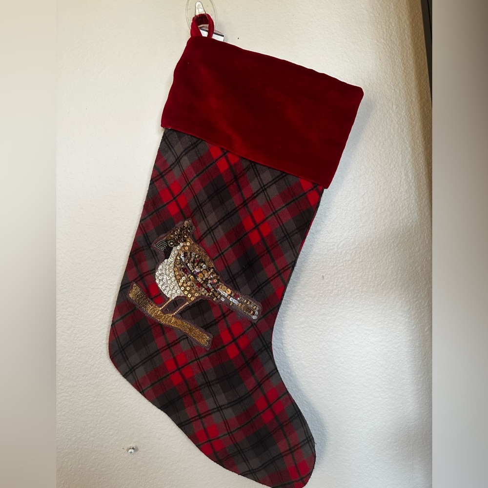New Pottery Barn Plaid Holiday Embellished Jeweled Stocking with Cardinal Design